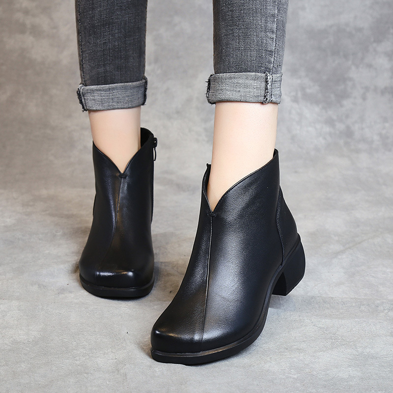 Boots nữ cổ lửng cao gót da trơn phong cách kiểu Châu ÂU