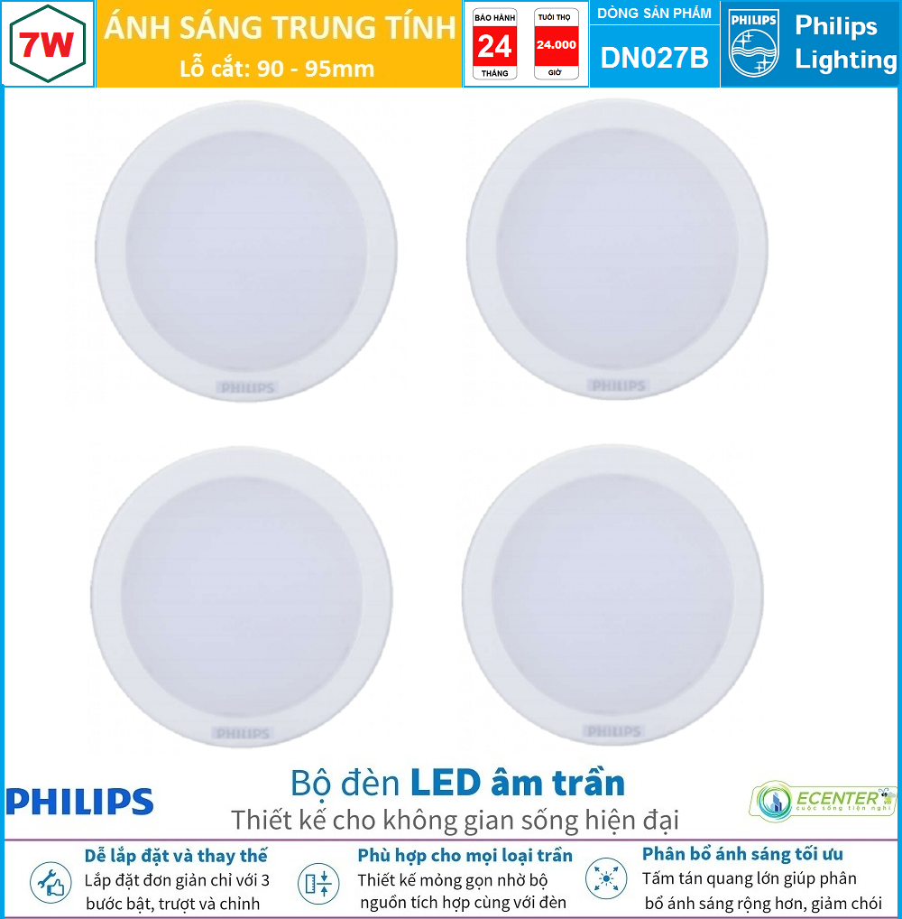 Đèn led âm trần philips downlight dn027b led6 7w gen2 d90