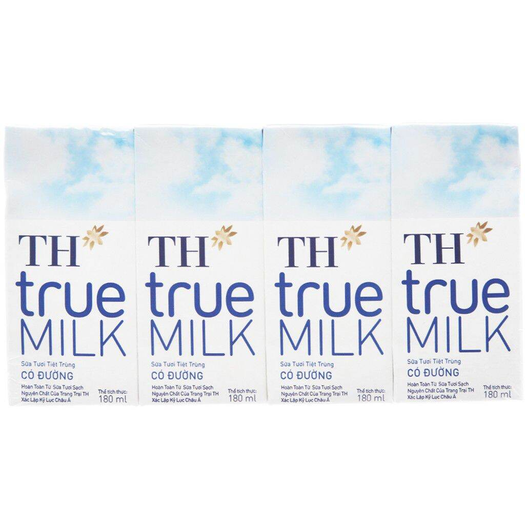 Lốc 4 hộp sữa tươi tiệt trùng có đường/ít đường TH true milk 180ml × 4 hộp, sữa tươi. tạp hóa hiền trang