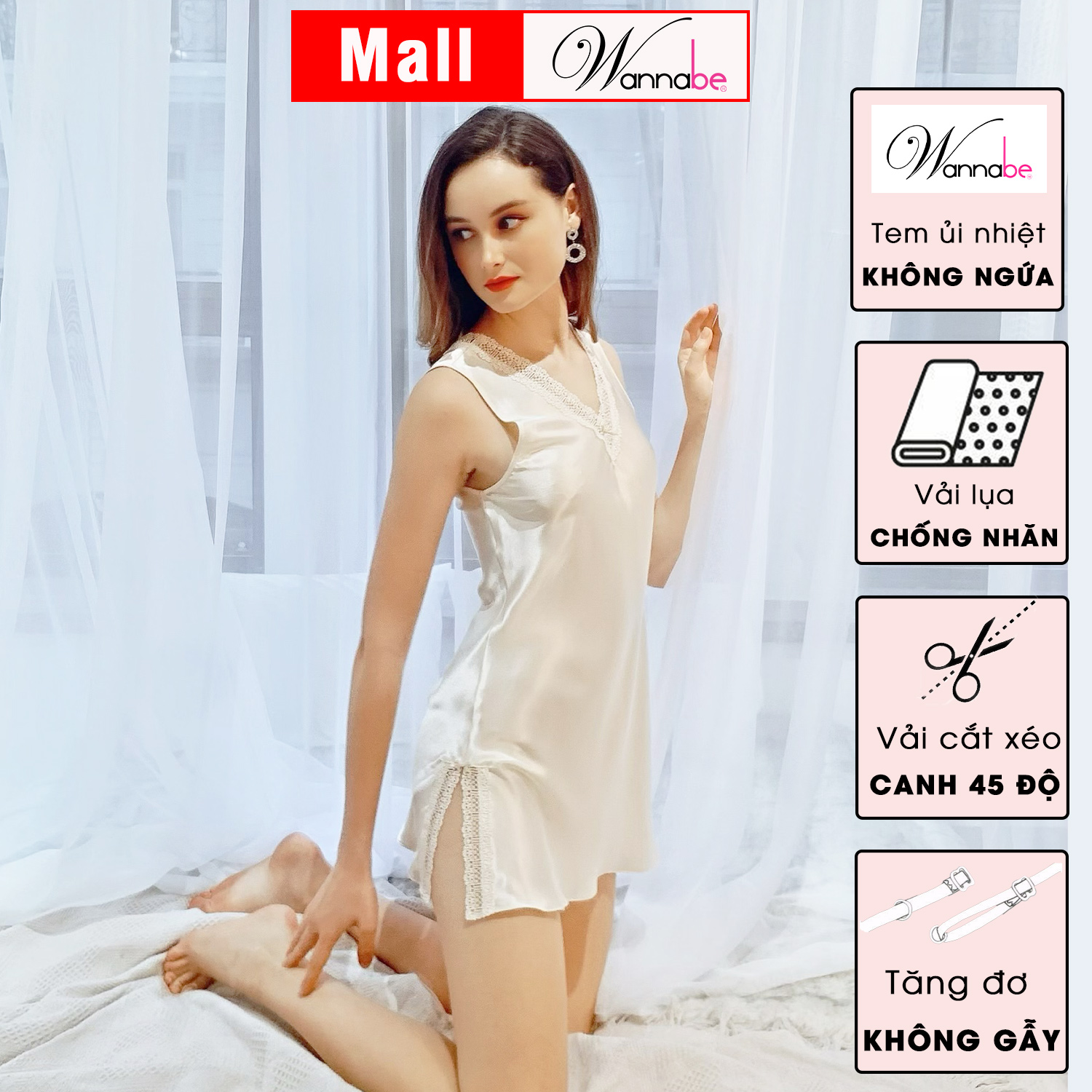 Đầm ngủ phi lụa wannabe dns11 cổ tim phối ren nữ tính nhẹ nhàng