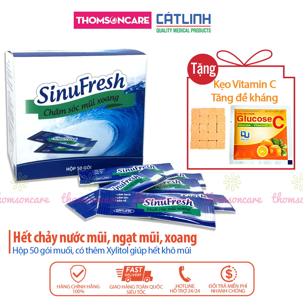 Muối rửa mũi Sinufresh Cát Linh hộp 50 gói hết chảy nước mũi ngạt mũi do cảm cúm  dị ứng mùi  xoang có thêm Xylitol giúp hết khô mũi  vào thời tiết hanh khô mũi chảy máu cam dùng cho trẻ em và người lớn vệ sinh mũi