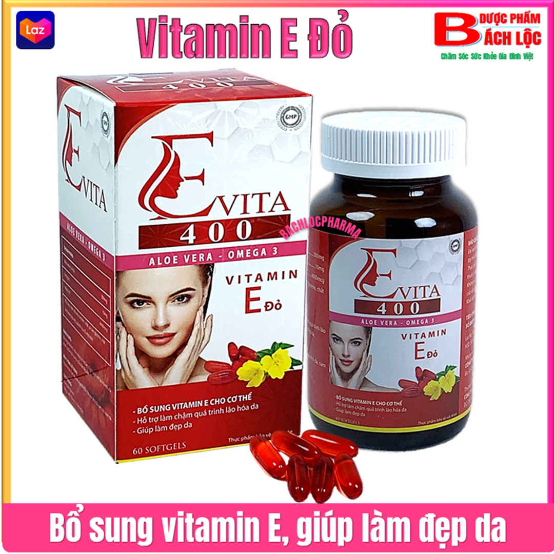 Viên uống đẹp da Evita 400 vitamin E đỏ - Giúp Da Trắng Sáng, Mờ Các Vết Thâm Sẹo, Nám Tàn Nhang-Hộp 60 Viên