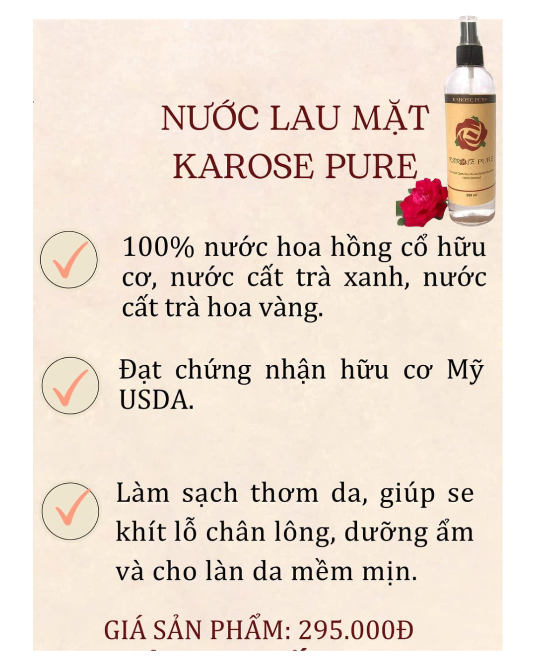 (Karose) Nước lau mặt hoa hồng Karose pure Dùng tẩy trang, làm sạch mặt, không khô da Chai 300ml Koshka Home