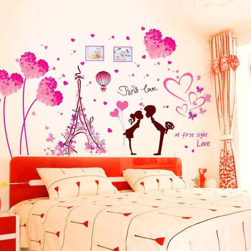 [HCM]DECAL DÁN TƯỜNG TRÁI TIM HỒNG VÀ CẶP ĐÔI
