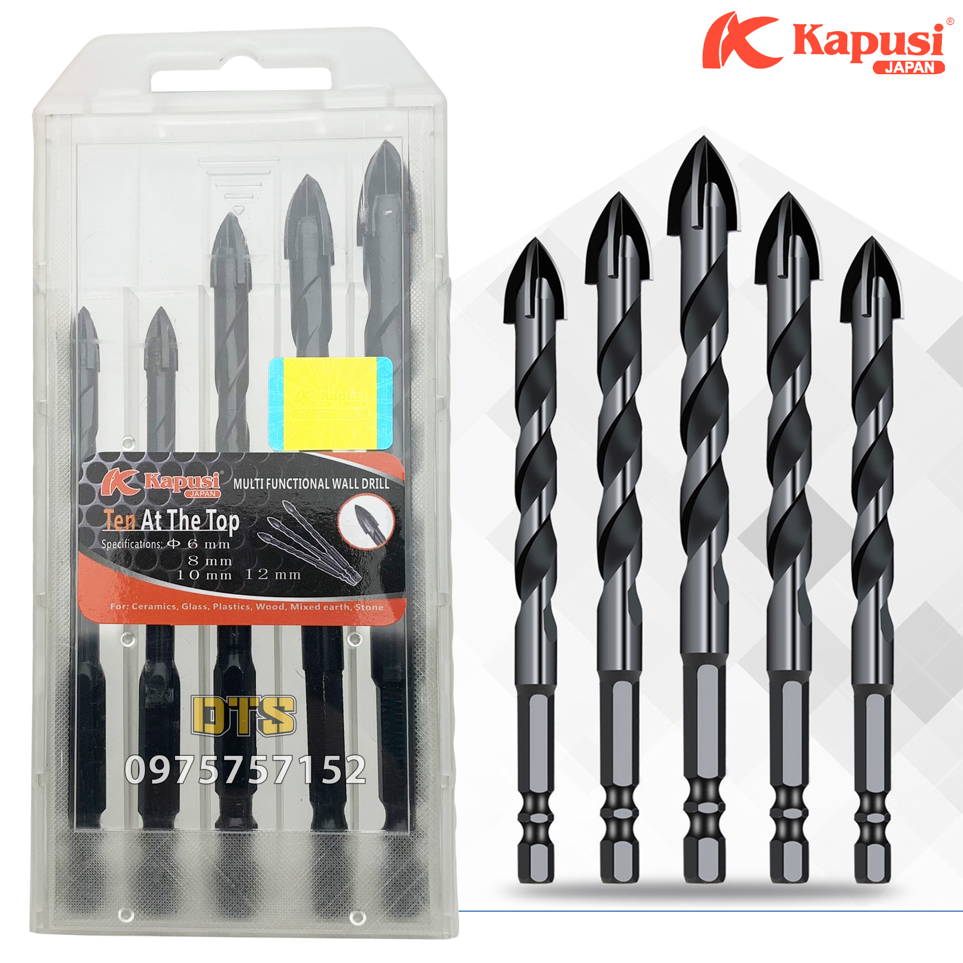 Bộ 5 mũi khoan đa năng chân lục giác 4 cạnh thép đen Nhật Kapusi JAPAN 12mm 10mm, 8mm 6mm, khoan kính, thủy đinh, gạch ốp lát, đá hóa cương, nhôm, đồng, sắt, mũi khoan gỗ, đá granit, gạch men, mũi khoan tường, mui khoan da nang