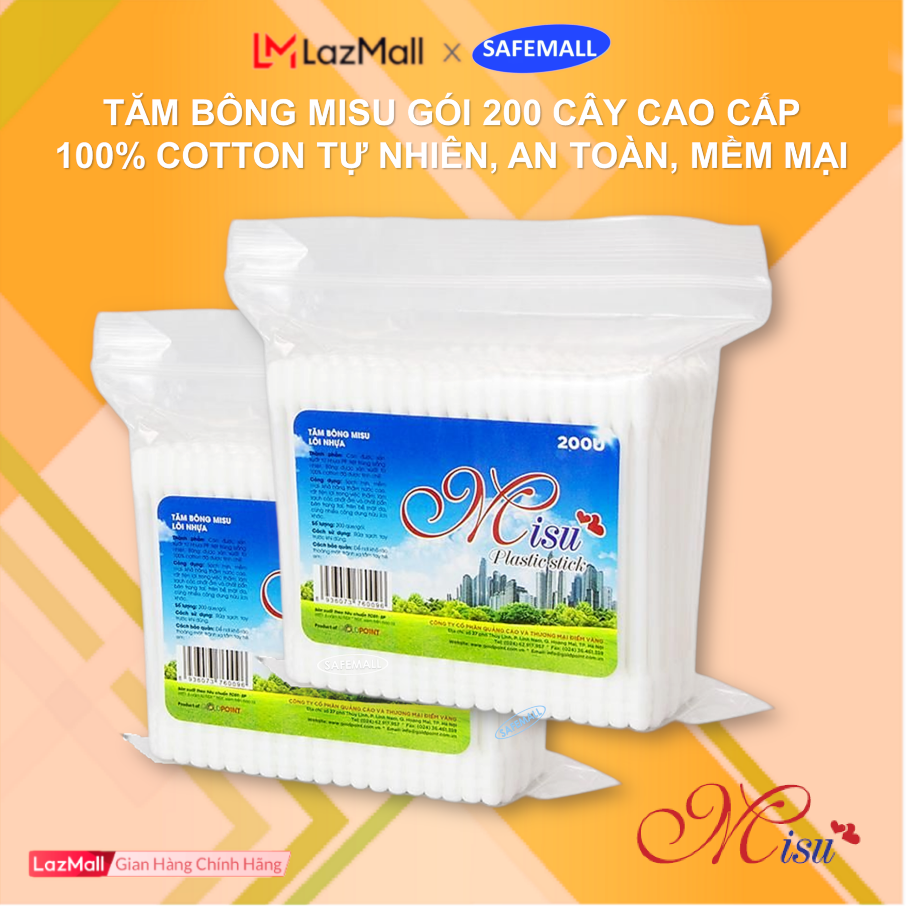 Tăm bông ráy tai Misu gói 200 que lõi nhựa cao cấp 100% cotton thấm hút tốt, Tăm bông Misu đa công dụng vệ sinh, trang điểm..., Tăm bông ráy tai người lớn trẻ em - Hàng chính hãng SafeMall