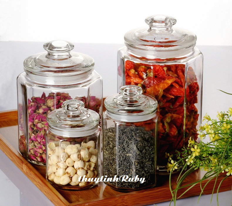 [HỦ 2 LÍT] Hũ thủy tinh kiểu trụ [lục giác] đựng gia vị 2 Lít. Lọ thủy tinh đựng hạt, muối dưa cà/Hủ nắp có ron cao su siêu kín
