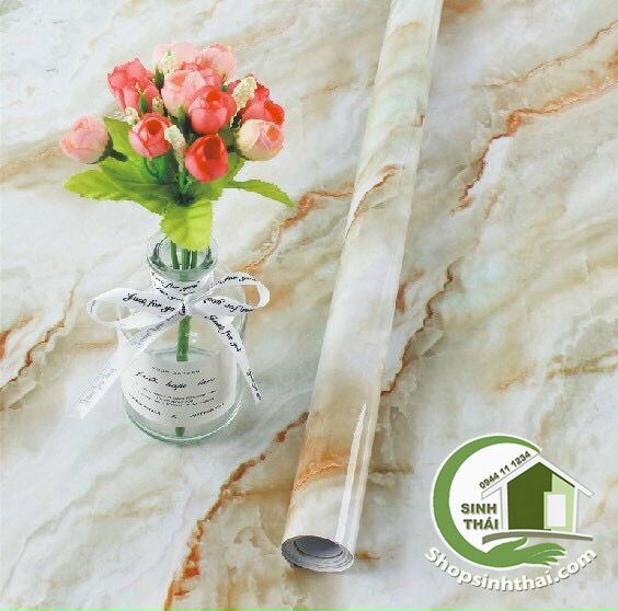 [HCM]Cuộn giấy decal giả đá hoa cương dán bếp - màu kem sọc đỏ - [ 3 mét x khổ 60cm ] - giấy tráng nhôm cách nhiệt dán bàn tủ