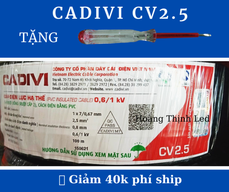 Dây cáp điện CADIVI CV2.5mm -100 MÉT- RUỘT đồng 100%- BỌC CÁCH ĐIỆN PVC- Tặng kèm BÚT THỬ ĐIỆN CAO CẤP
