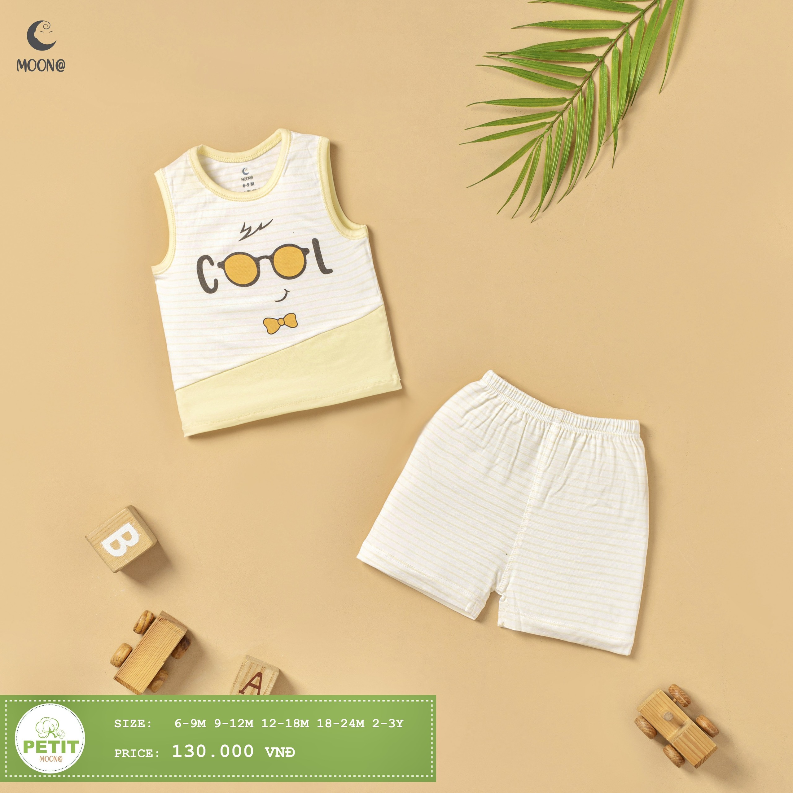 Bộ ba lỗ petit họa tiết kẻ trẻ em Moon