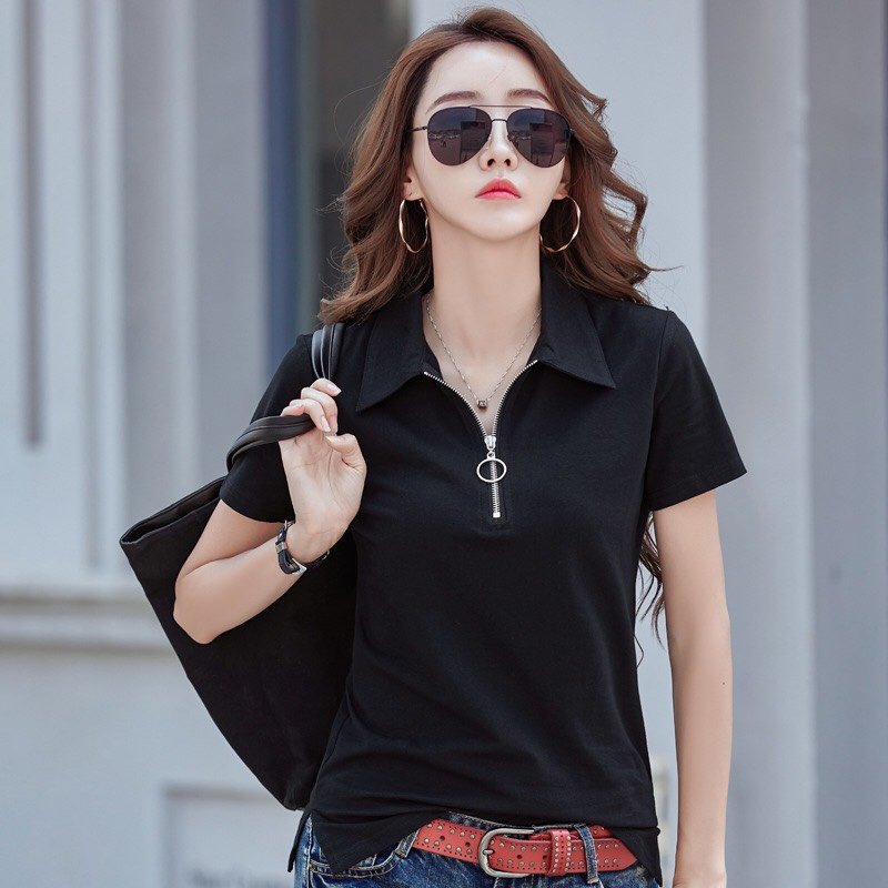 Áo thun nữ polo phối dây kéo cổ mẫu DK02 thời trang PONIVALAZA cao cấp