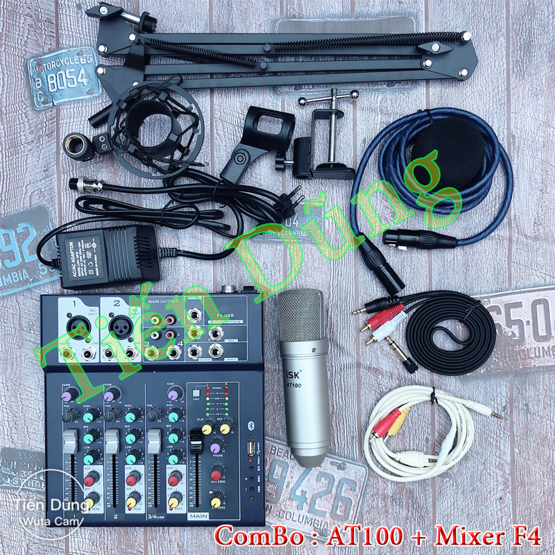 Bộ mic thu âm ISK AT100 và bàn mixer F4 Bluetooth chân đế dây livestream chế dây truyền nhạc dây mic dài 3m  - combo livestream at100 đầy đủ bộ