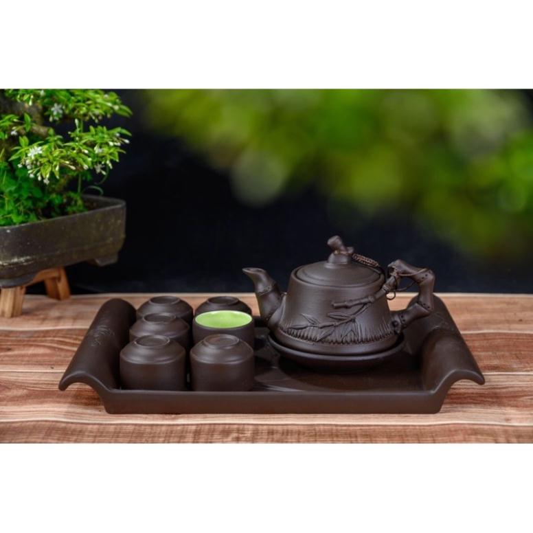 Bộ ấm chén tử sa khay chữ nhật gốm Bát Tràng
