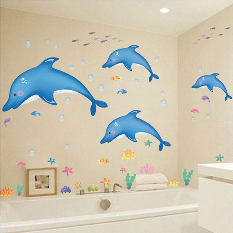 Decal dán tường đàn cá heo vui nhộn dán phòng tắm