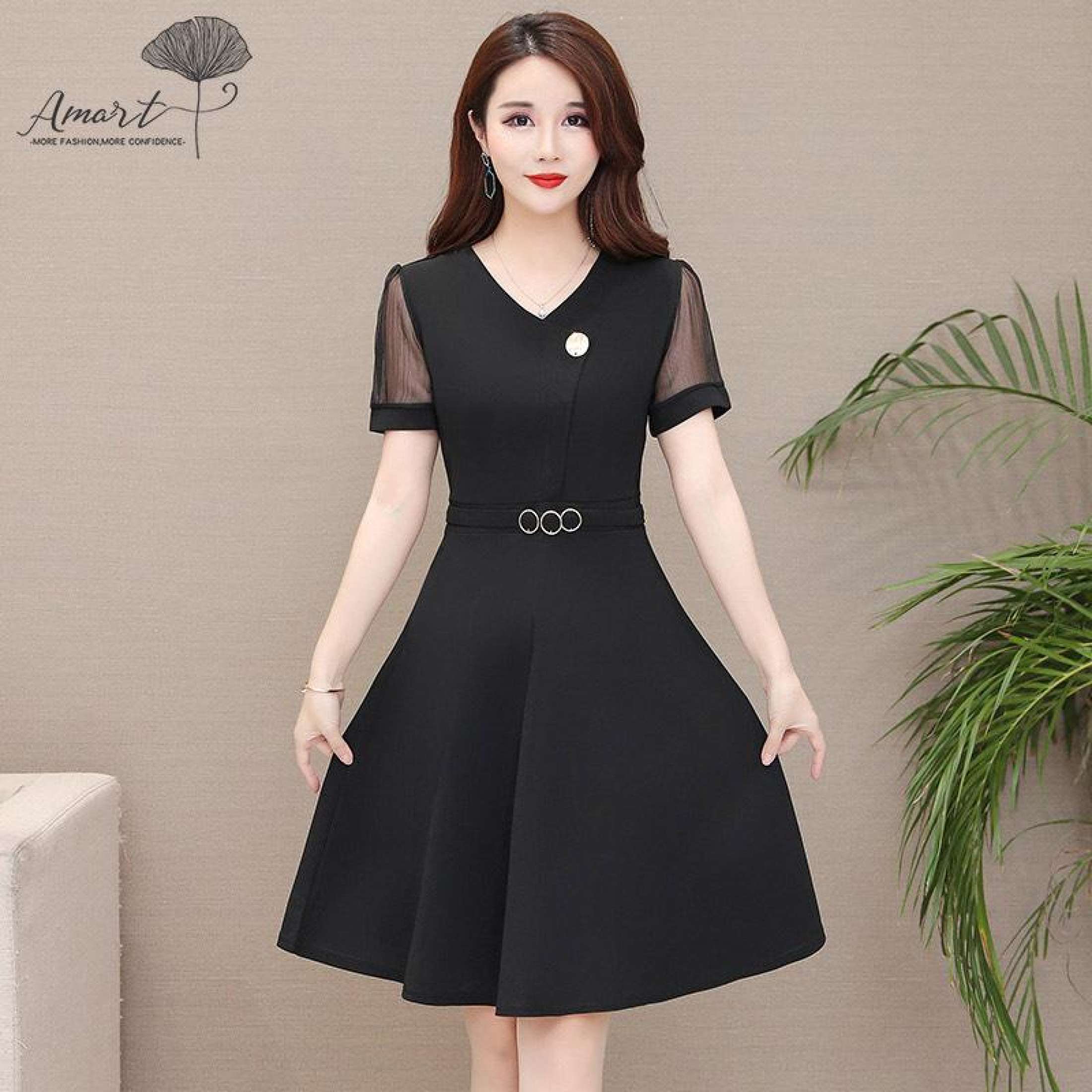 Amart Women V Neck Short Sleeve Dress Solid Color Casual Loose Dress Summer Beach Party
