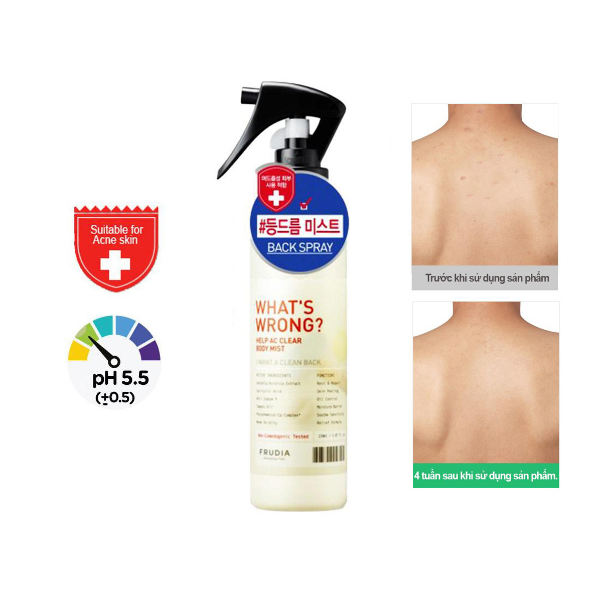 [Tặng 132K]Xịt Mụn Lưng Frudia Whats Wrong? Help AC Clear Body Mist 150ml