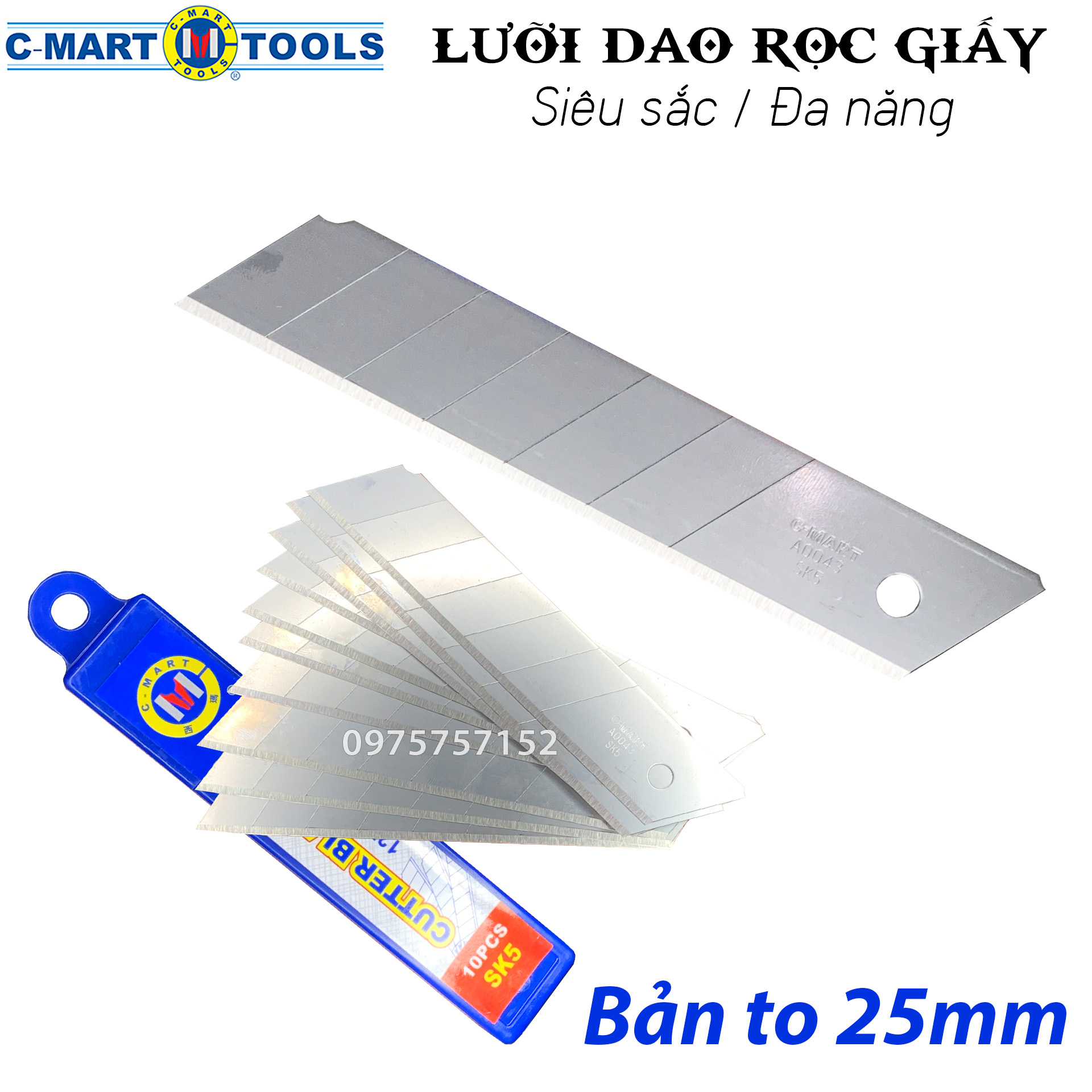 Vỉ 10 lưỡi dao đa năng, rọc giấy, dao trổ bản to C-MART 25mm, thép Nhật SK-5 siêu sắc, độ bền cao, có 6 rãnh bẻ tái sử dụng nhiều lần, kích thước 127x25x0.7mm, lưỡi dao đa năng, lưỡi dao trổ, lưỡi dao C-MART bảng lớn