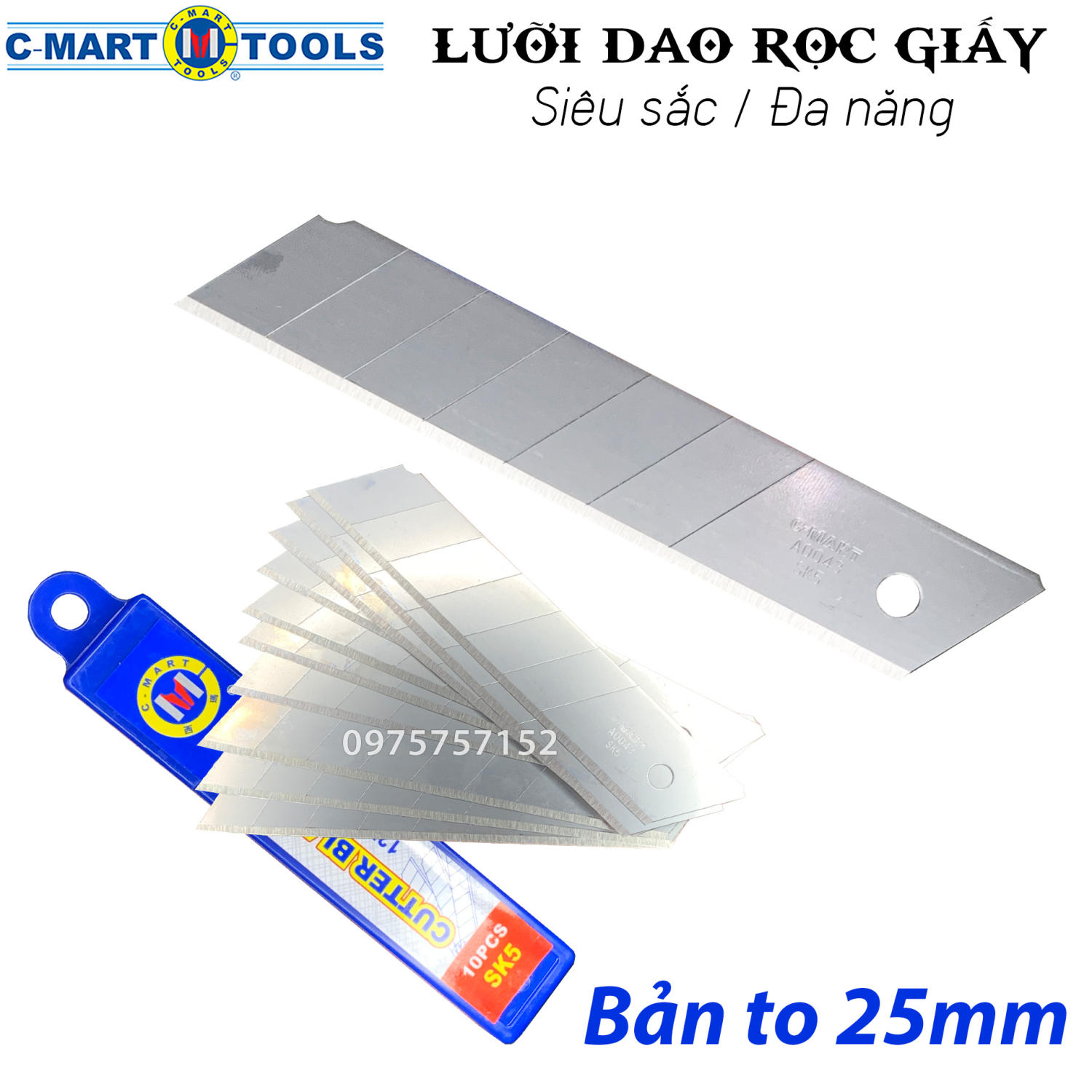 Hộp 10 lưỡi dao rọc giấy bản to 25mm đa năng hãng C-MART A0043, lưỡi dao trổ lớn thép Nhật SK-5 siêu