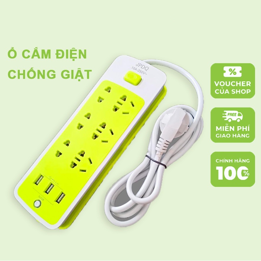 Ổ cắm điện xanh chống giật đa năng tích hợp 3 cổng usb tiện ích, ổ điện đa năng 9 cổng đa dạng tiện lợi
