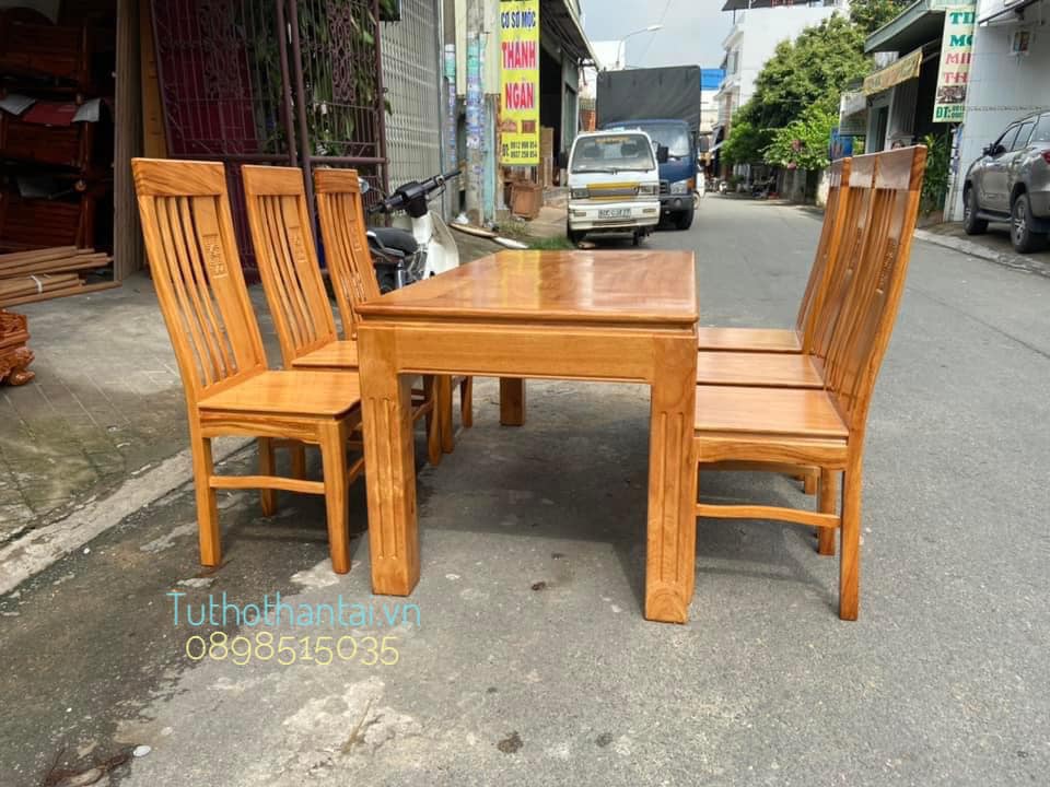 Bàn ăn 6 ghế nan chân vuông - gỗ gõ đõ