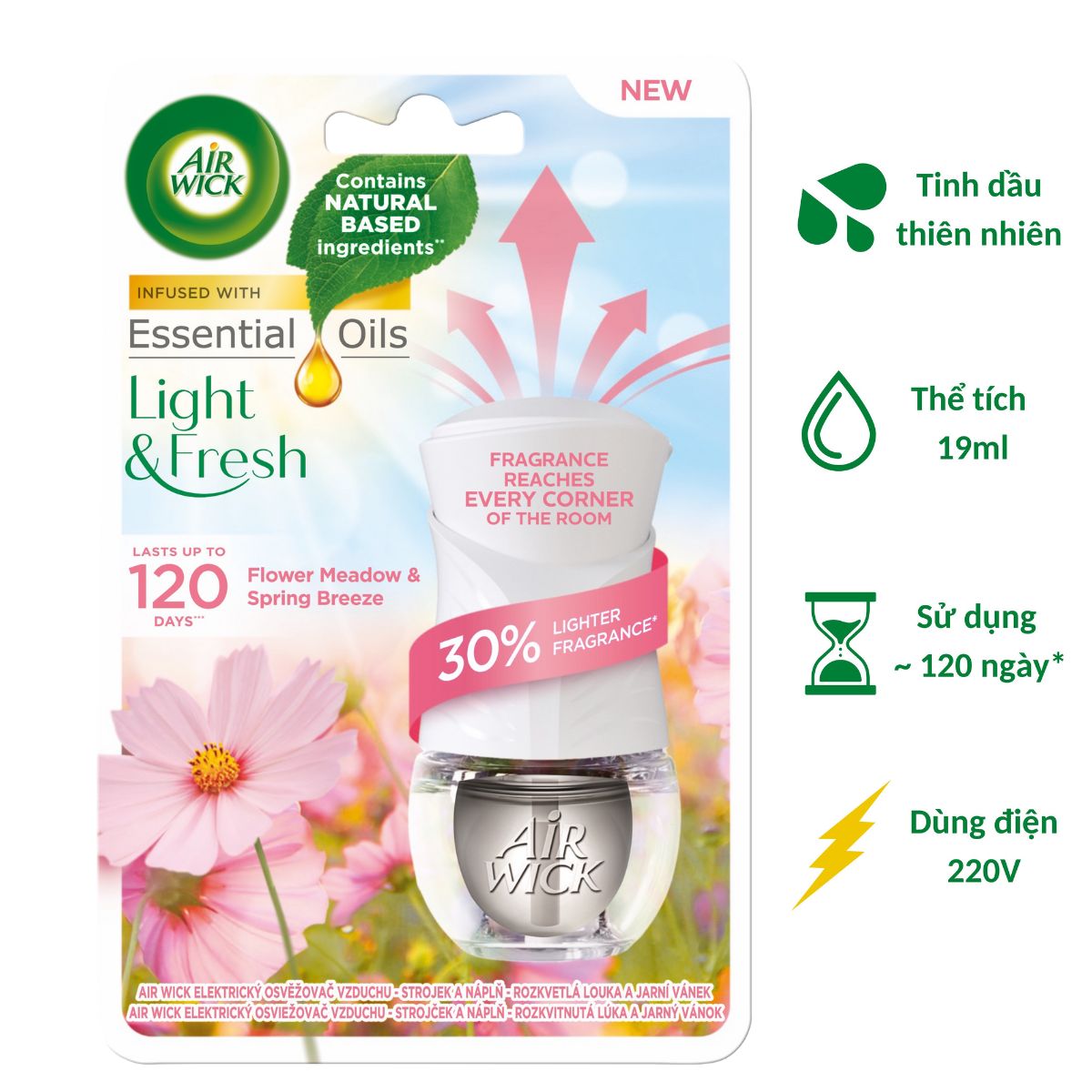Bộ Tinh Dầu Cắm Điện Air Wick AWK3134 Flower Meadow & Spring Breeze 19ml (Hương hoa mùa xuân), sử dụng điện 220V, tuỳ chọn Bộ sản phẩm / Tinh dầu thay thế, làm thơm không gian nhanh chóng