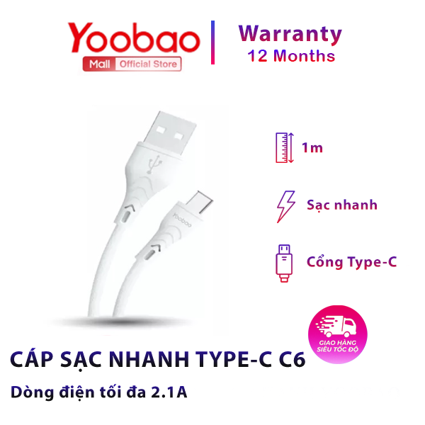 Dây cáp sạc USB Type C YOOBAO C6 Sạc ổn định dài 1m - Hàng phân phối chính hãng - Bảo hành 12 tháng