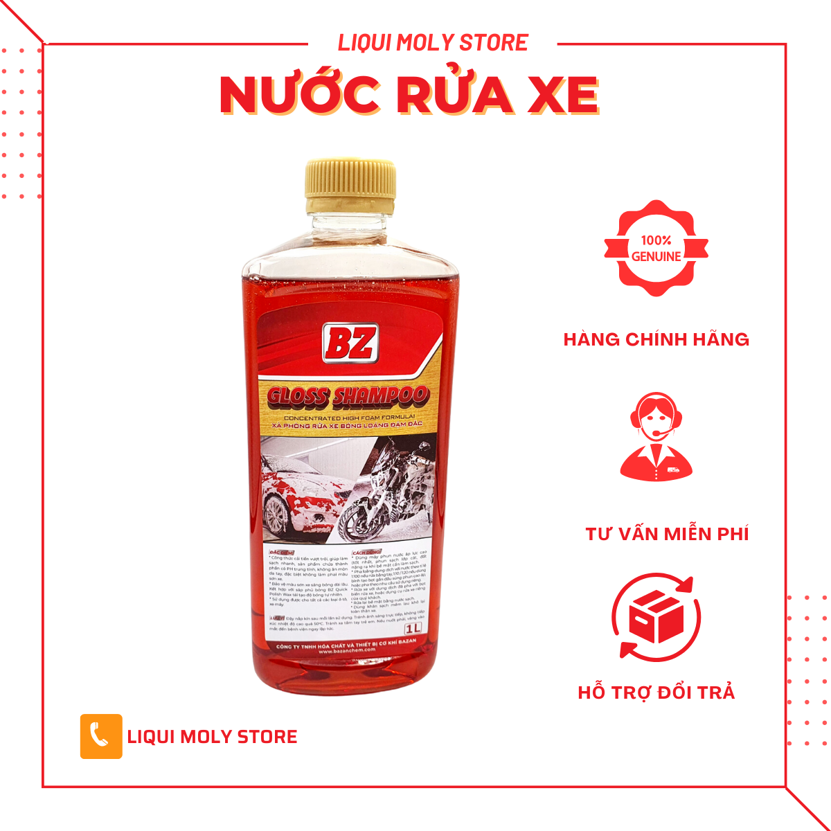 Nước rửa xe,xà bông BZ GLOSS SHAMPOO 1L tặng khăn Microfiber