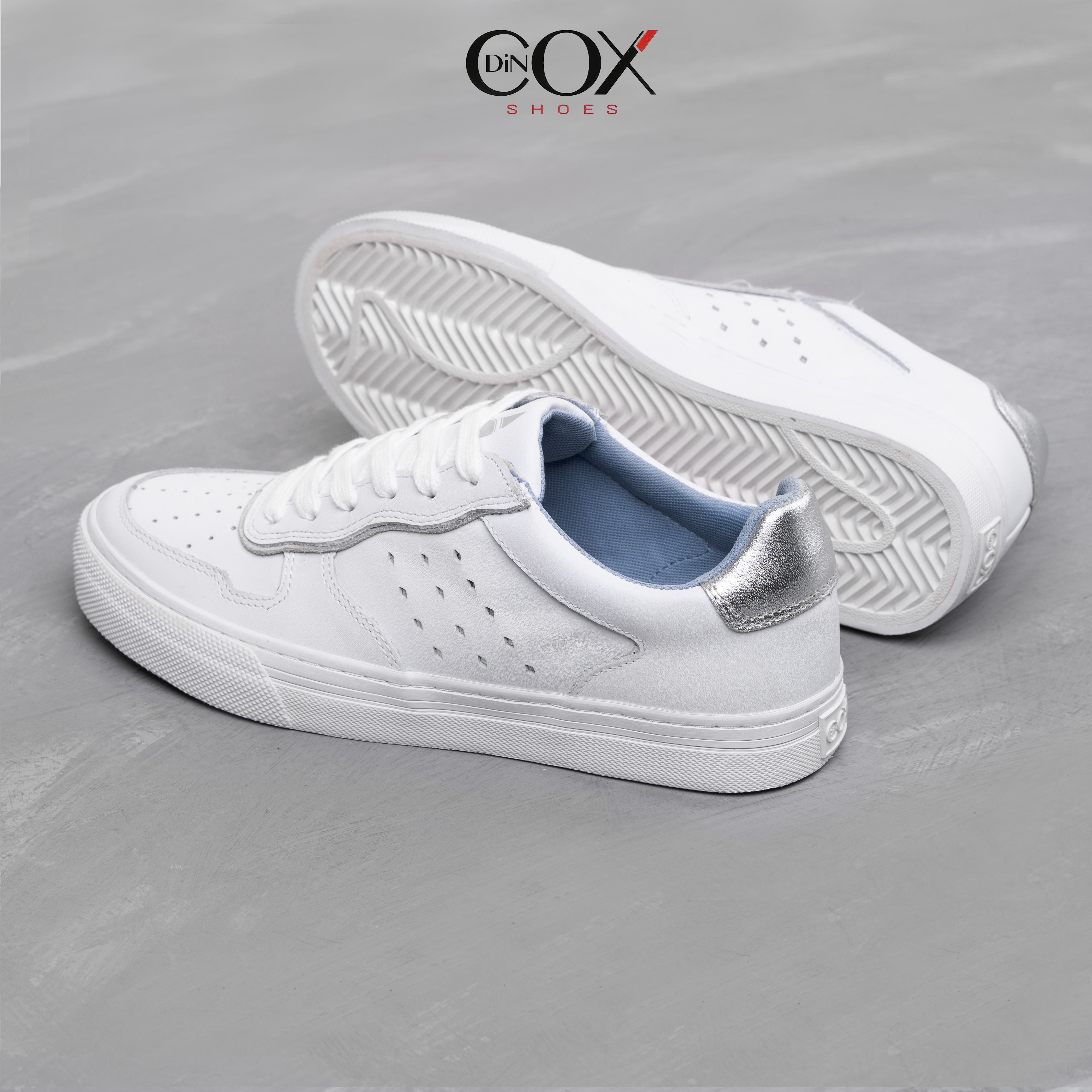 Giày Sneaker Da Bò Thật Nữ DINCOX E03 White Silver Sang Trọng