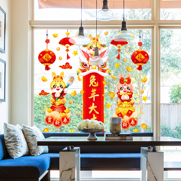 Decal trang trí Tết - Trung Thu hít tĩnh điện - Đầu lân kết hợp với bảng mừng xuân