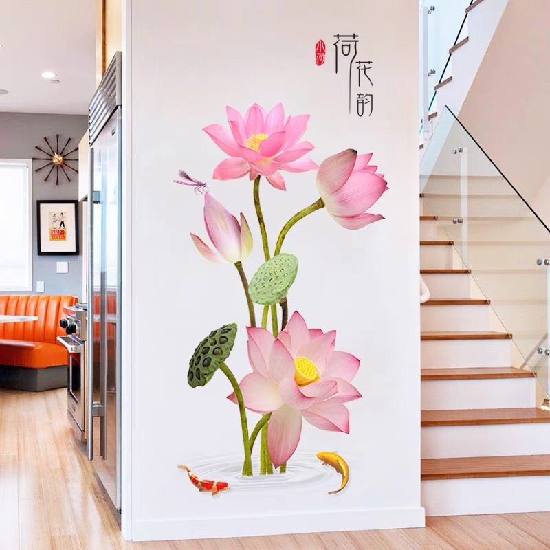 Decal dán tường hoa và đài sen, sẵn keo dán