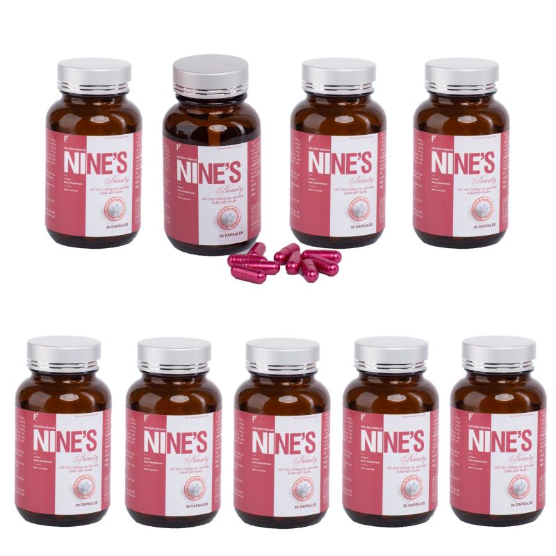 Combo 9 Hộp Viên uống trắng da Nines Beauty 30 viên Giúp trắng da Toàn Thân, Hỗ trợ trị Nám Tàn Nhang, Giảm Nếp Nhăn, Tăng Cường Nội Tiết Tố Nữ, Chống Lão Hóa, Tăng sức đề kháng, hỗ trợ tăng cường chức năng gan, tuần hoàn máu, ngăn ng
