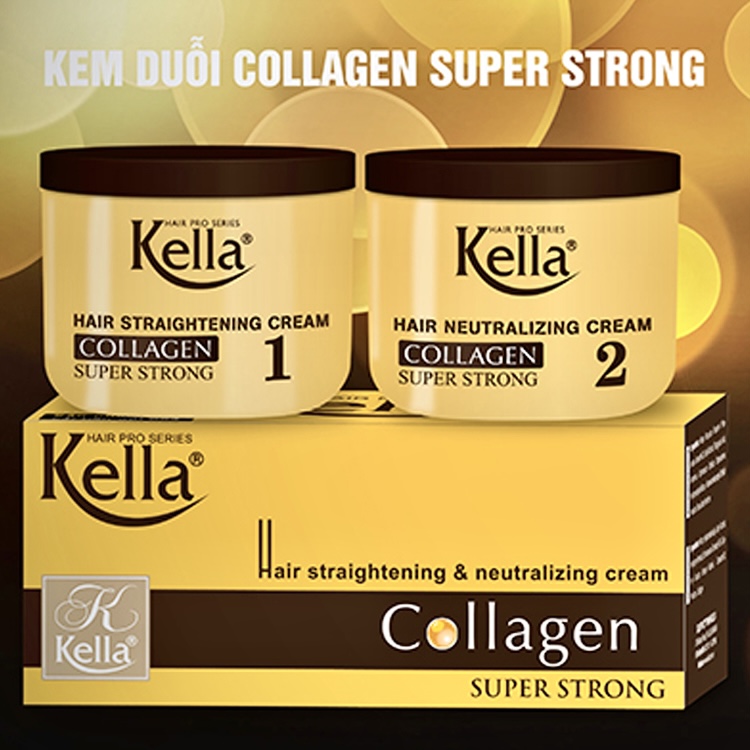 Bộ thuốc duỗi thẳng tóc kella hộp vàng collagen super strong 500ml x 2 hộp duỗi & dập