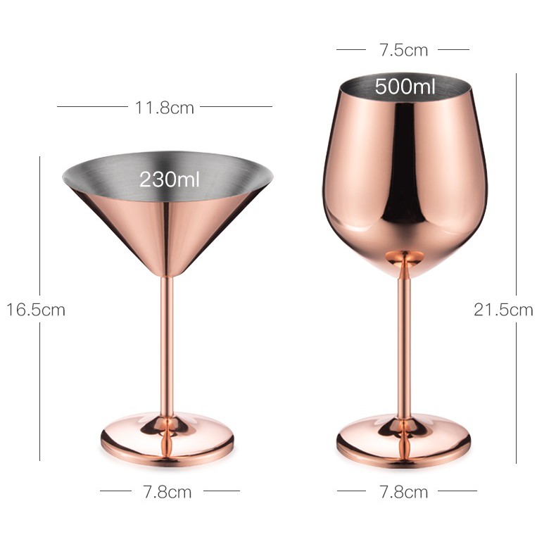 Bộ 2 Ly Cocktail và Ly Rượu Inox 304 - ( Cocktail : 12x16.5cm 230ml ) ( Ly Rượu : 7.5x21.5cm 500ml )