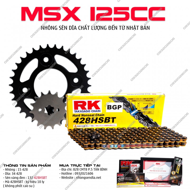 Nhông sên dĩa xe msx / monkey 125cc sên rk vàng đen 428hsb