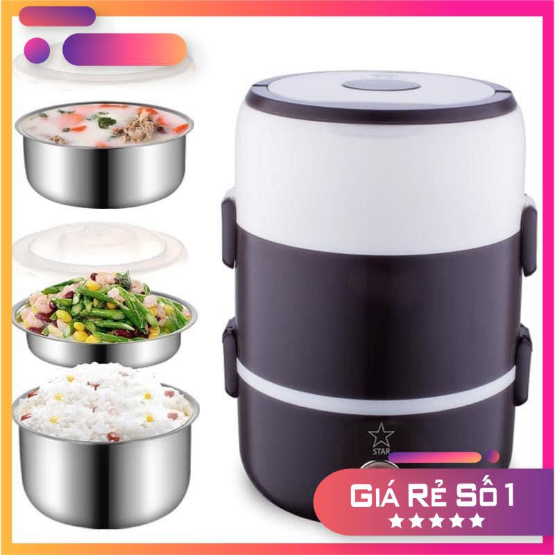 Hộp cơm cắm điện 3 tầng inox cao cấp, Nồi cơm điện mini cho cá nhân thiết kế 3 ngăn đựng riêng biệt bằng inox, mẫu mới 2021 - Hộp ủ cơm 3 tầng bằng hơi nước giúp cơm ngon và không bị khô