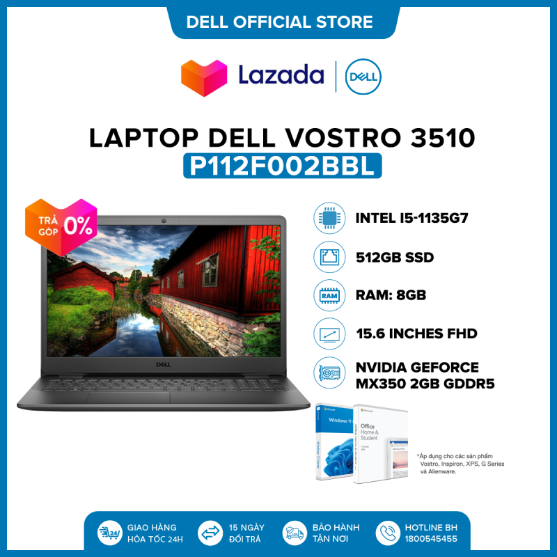 [VOUCHER 500K] Laptop Dell Vostro 3510 15.6 inches FHD (Intel / i5-1135G7 / 8GB / 512GB SSD / NVIDIA GeForce MX350 with 2GB GDDR5 / Office Home & Student 2021 / Windows 11 / Finger Print) l Carbon Black l P112F002BBL
