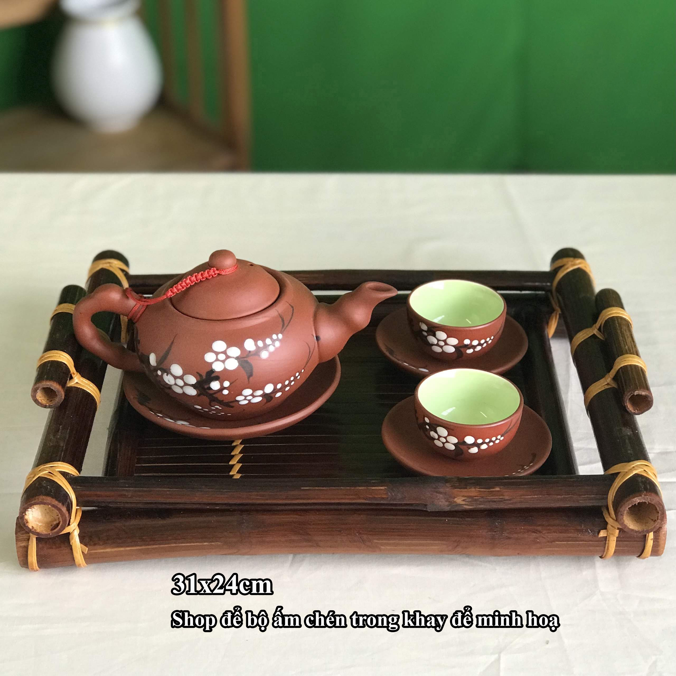 Khay đựng bộ ấm chén uống trà Bát Tràng chất liệu tre