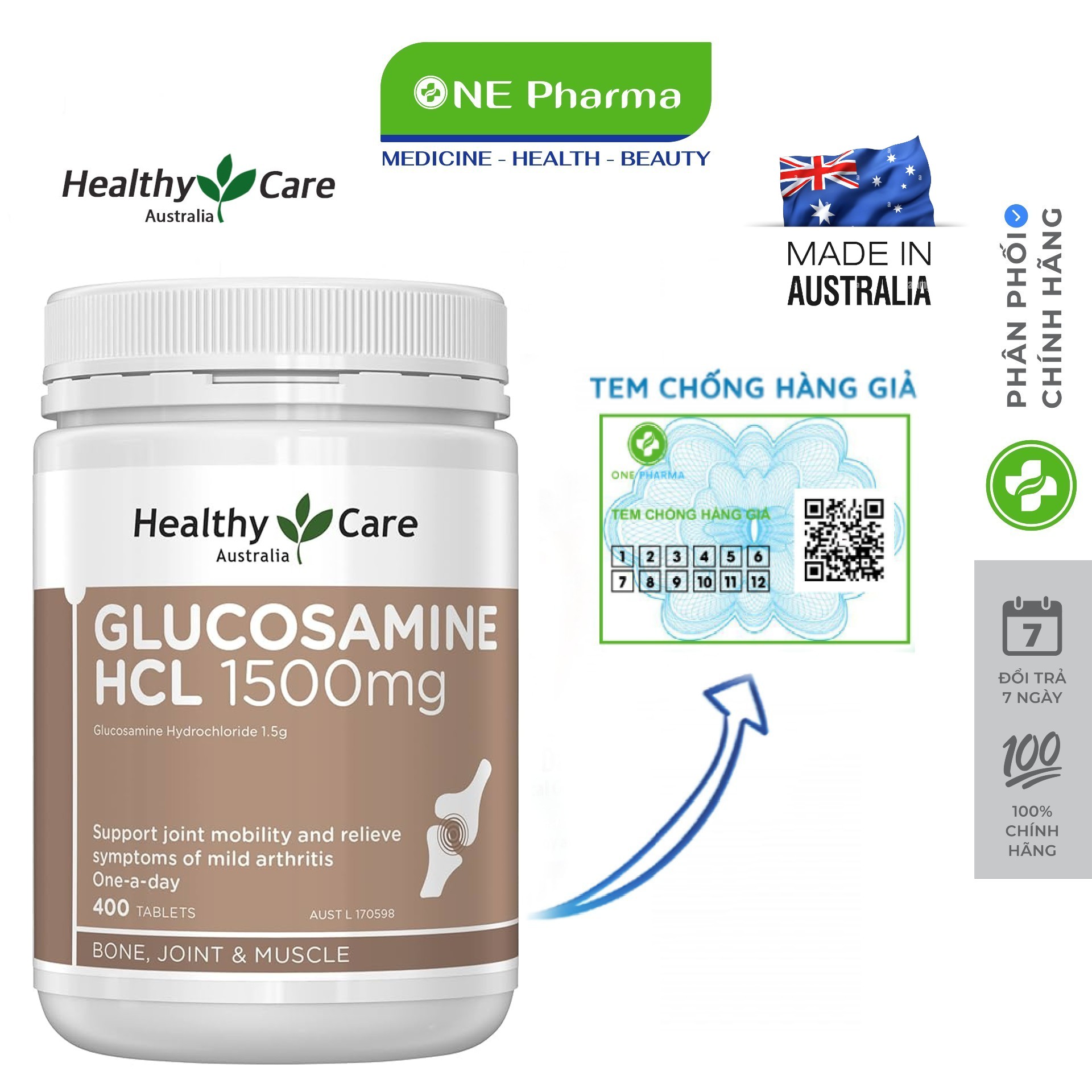 Viên uống healthy care glucosamine hcl 1500mg 400 viên của úc