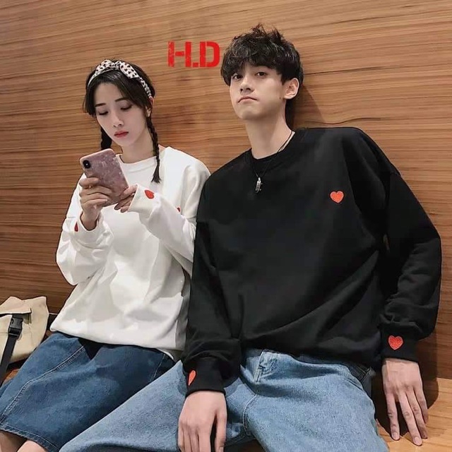 áo đôi nỉ tay dài ( giá 2 áo)  đen trắng tim tay áo đôi nam nữ, áo cặp nam nữ