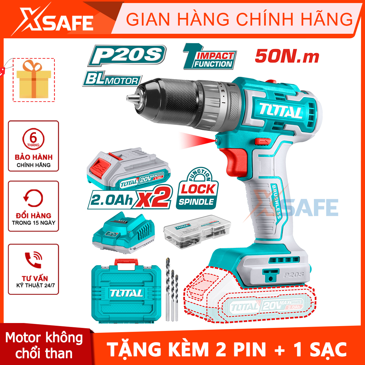 Voucher 10% | Total handheld battery drill hammer drill with fast charging battery and wall drill accessories-authentic guaranteed