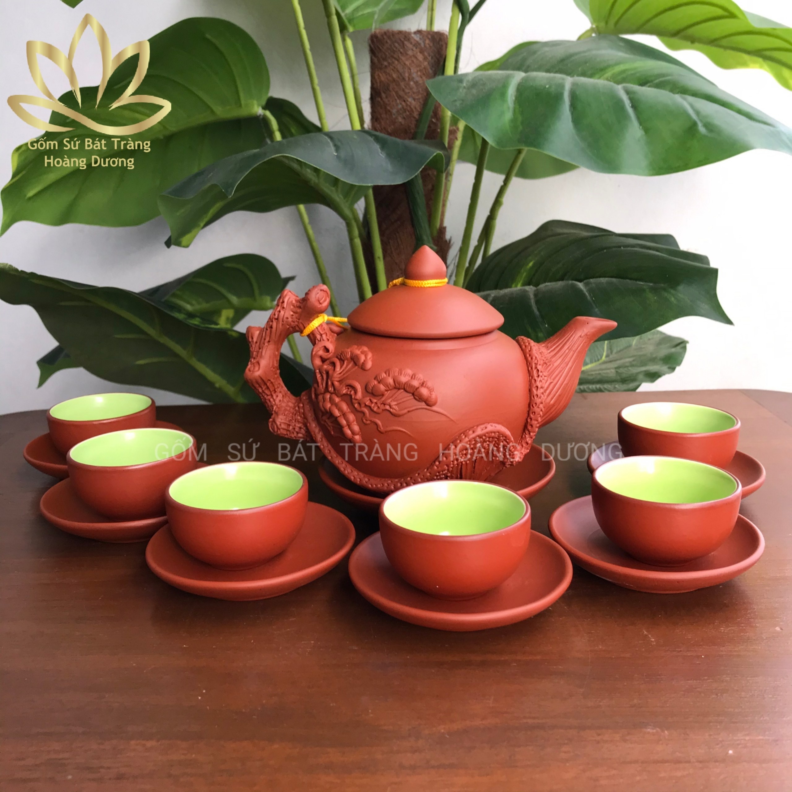 (Hàng nghệ nhân) Bộ ấm chén Bát Tràng đất nung tử sa cây tùng 400ml màu đỏ