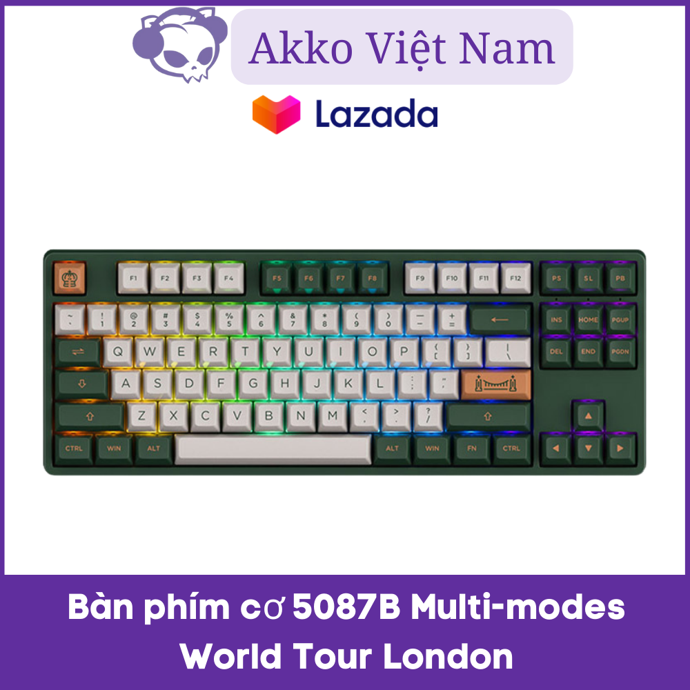 Bàn phím cơ Akko 5087B Multi-modes World Tour London (Bluetooth 5.0 / Wireless 2.4Ghz / Hotswap / Foam tiêu âm / TTC switch)
