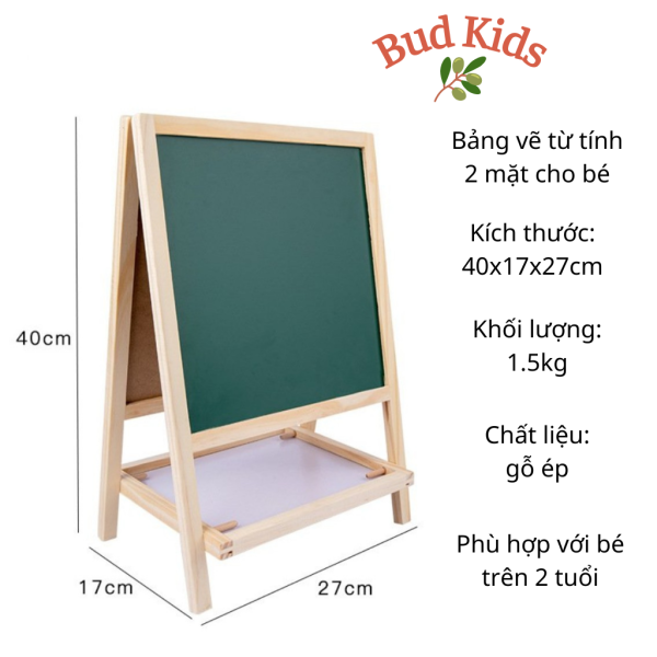 Bảng vẽ cho bé, bảng vẽ từ tính hai mặt, bảng viết bút lông bảng viết phấn có nam châm thông minh giáo dục sớm Bud Kids kích thước 40*27*17cm