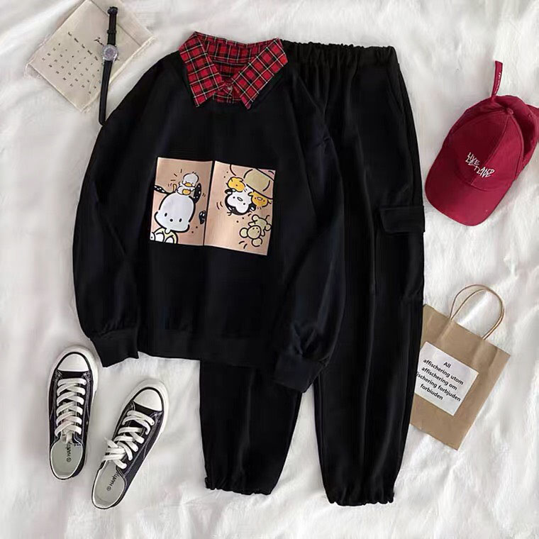 Sét bộ áo nỉ Cún tai dài + quần bom đen, Áo hoodie From rộng, tay phồng, Chất nỉ mềm, không xù, ấm áp,Sét bộ mặc cho nam và nữ - Fani