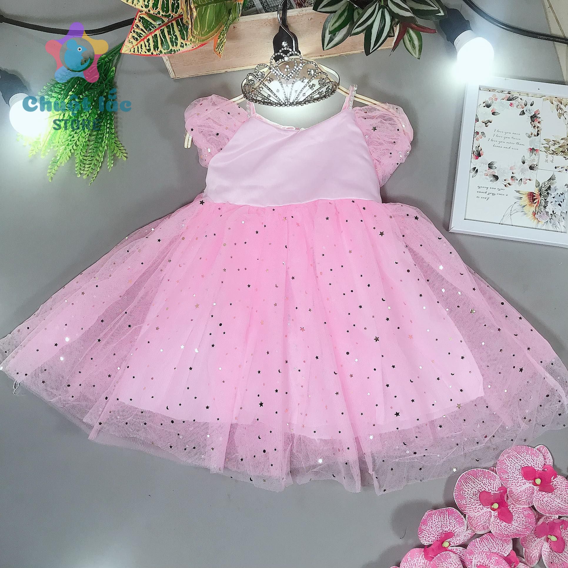 Váy Đầm Công Chúa Cho Bé Gái Kiểu Tay Ren Dây Đính Hạt Xòe 4 Lớp 12kg Đến 25kg Màu Hồng