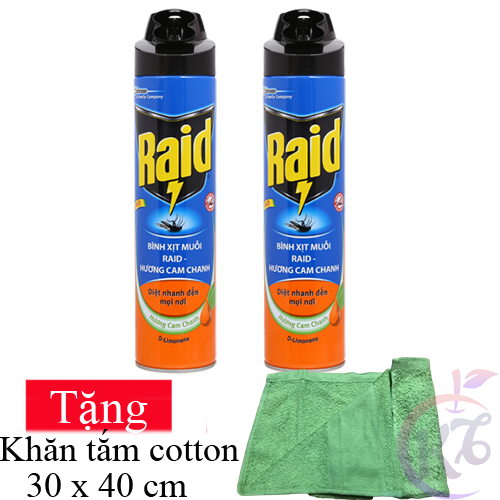 Combo 2 Bình xịt muỗi Raid chai 700ml hương Cam Chanh Tặng 1 khăn tắm cotton siêu mềm 30x40cm màu ngẫu nhiên - xịt côn trùng