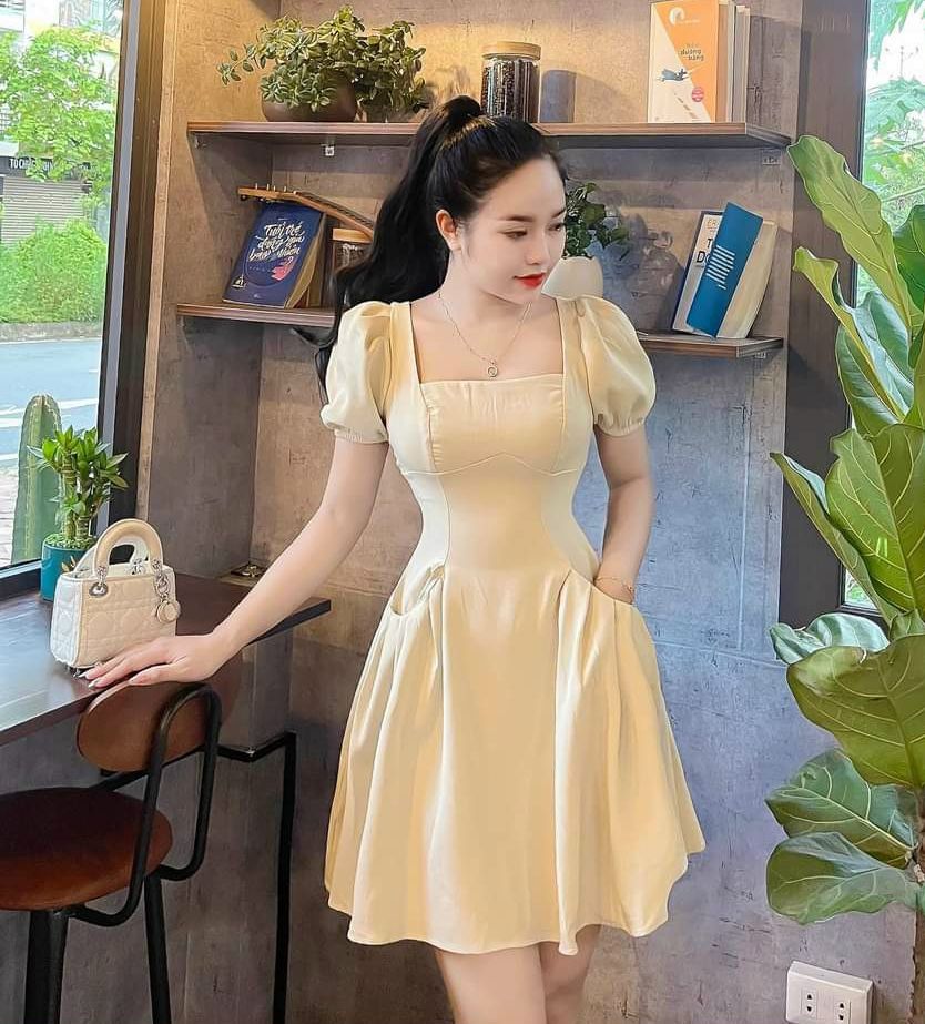 Váy đầm nữ dáng xòe tay phồng cổ vuông có túi trẻ trung xinh xắn