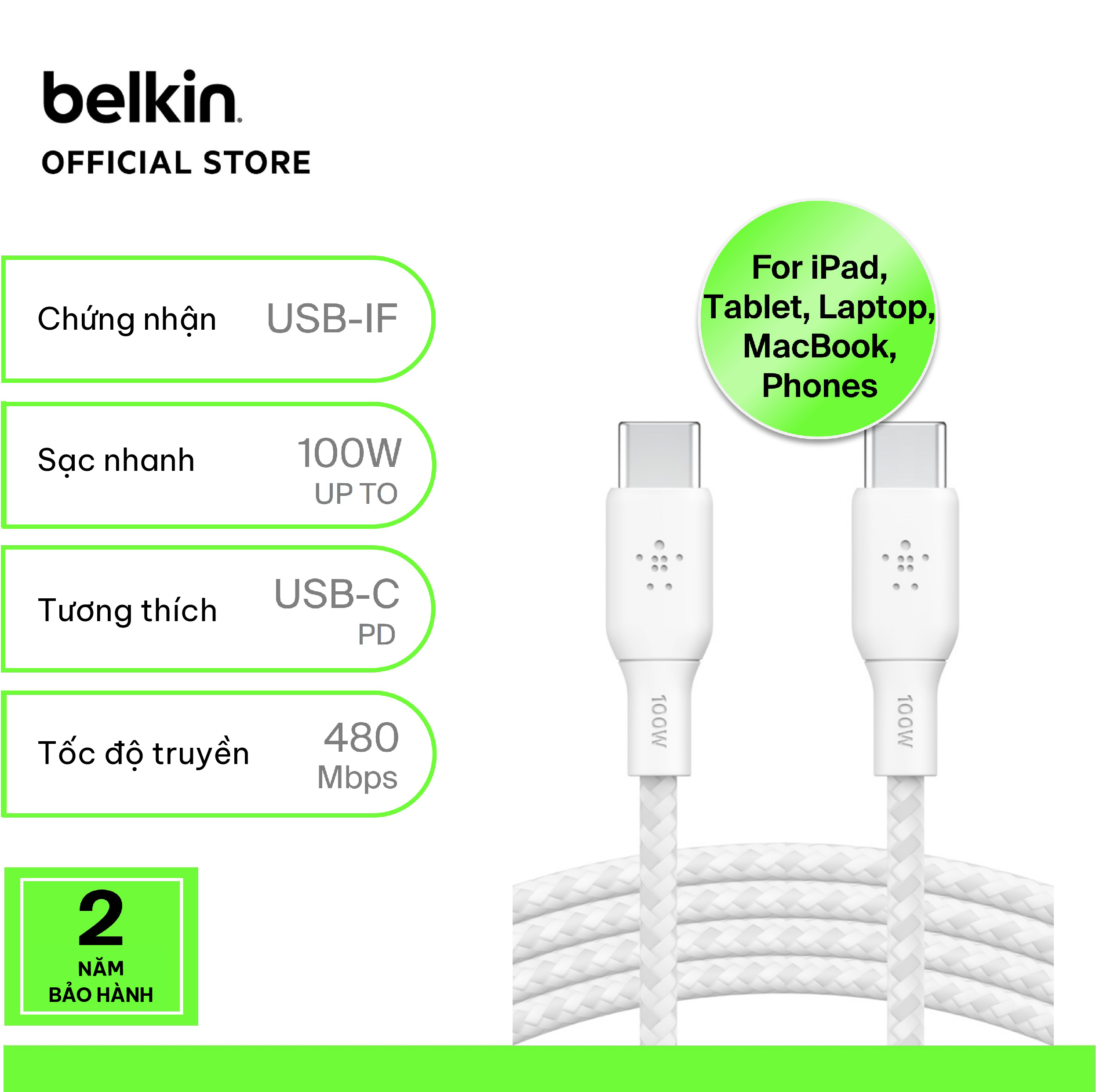 Cáp sạc nhanh USB Type C - C BOOST↑CHARGE™ Belkin 100W vỏ dù, 2M