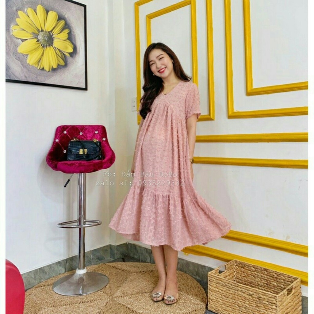 [FREESHIPMAX]Đầm bầu thời trang thiết kế rẻ đẹp – váy bầu suông  sang chảnh free size 43-70kg