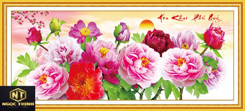 Tranh gắn đính đá hoa khai phú quý vs362 kt120 x 53 cm